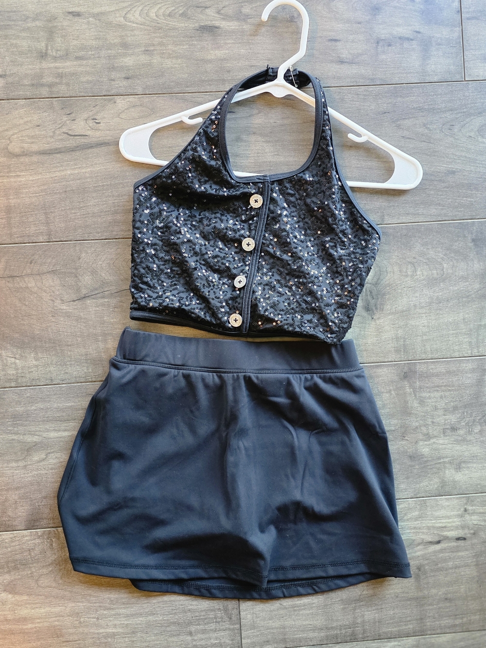 Jazz Dance Costume - Black Sequin Crop Tank and High-Waist Skirt Set (XSA)